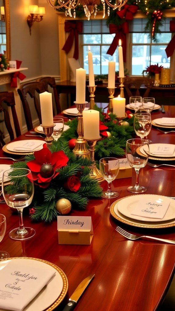 Elegant Christmas Table Settings with Name Tags Christmas table setting with elegant decorations and personalized name tags.